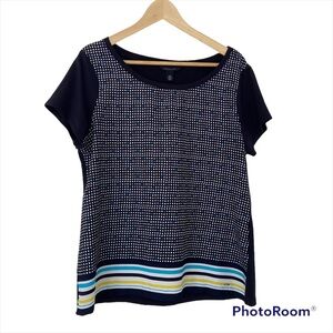 TOMMY HILFIGER NAVY/YELLOW/AQUA/WHITE SQUARE PATTERN/STRIPED SHORT SLEEVED TOP